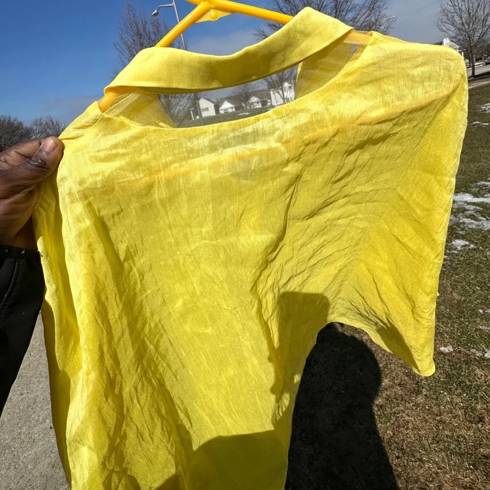 Yellow Linen Silk Women's Oversized Floral Embroidered Boho Chic Shirt Size M